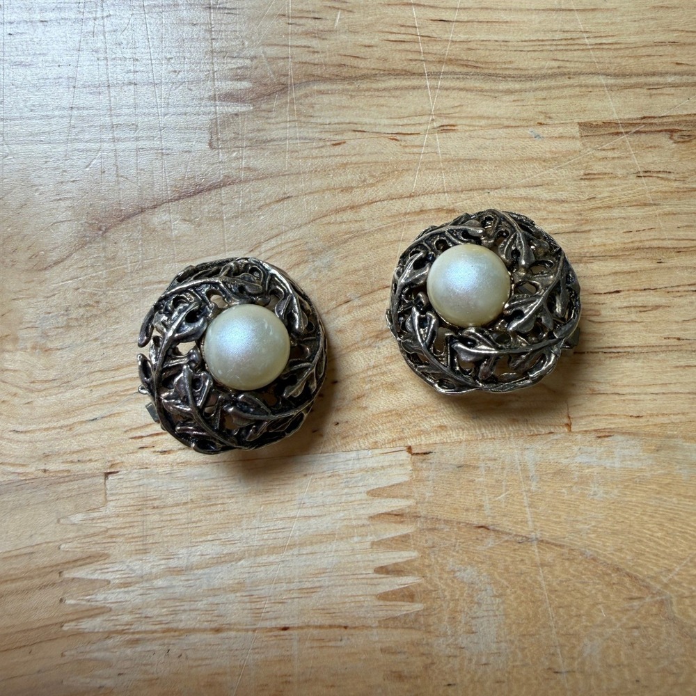 Silver Faux Pearl Clip On Earrings Vintage Leaf Openwork Statement Round